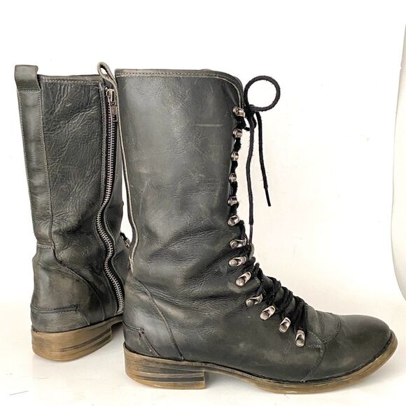 Bed Stu Shoes - BED STU Dark Gray Combat Tall Boots Sz 8 Distressed Lace Up Zip Boho Urban Punk